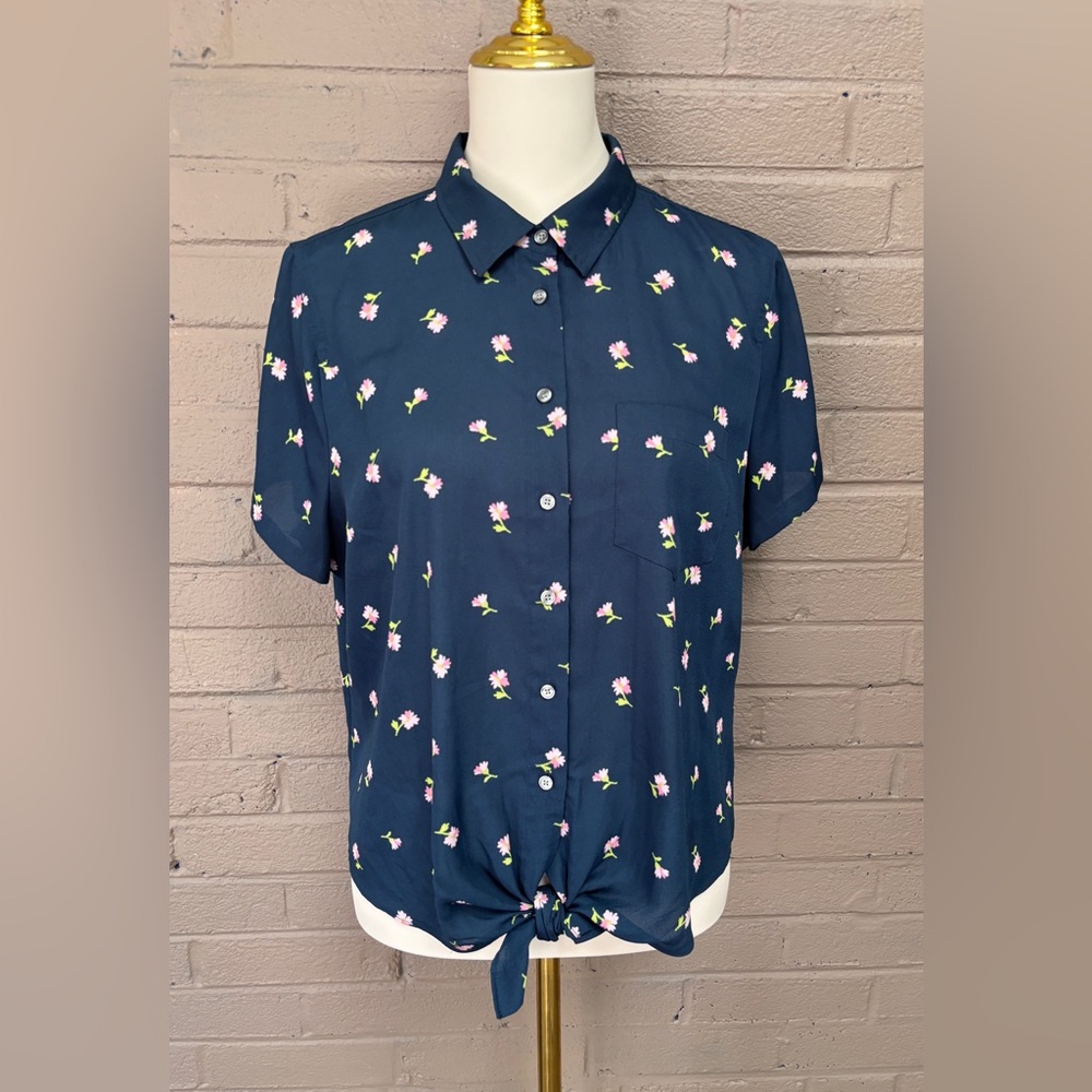 J.Crew Floral Navy tie waist top XL